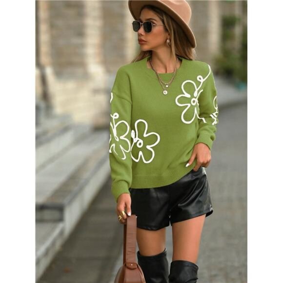 NEW - Floral Patched Drop Shoulder Sweater,Long Sleeve Tops Knit Pullover - Picture 4 of 8